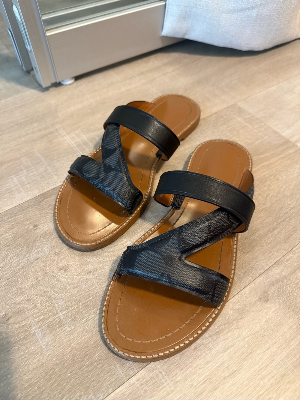 Coach Black & Brown Cross-Strap Slide Sandals